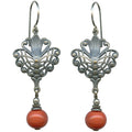 Coral glass and silver filigree drop earrings from Owen Glass Collection, featuring intricate jewelry design and elegant craftsmanship.