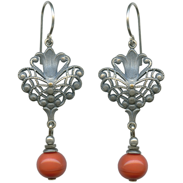 Coral glass and silver filigree drop earrings from Owen Glass Collection, featuring intricate jewelry design and elegant craftsmanship.