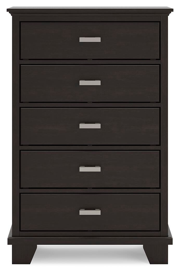 Covetown Dark Brown Five Drawer Chest - Brand New