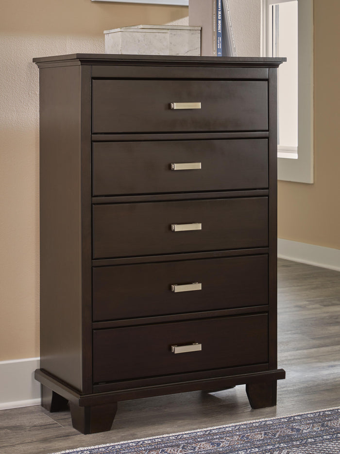 Covetown Dark Brown Five Drawer Chest - Brand New