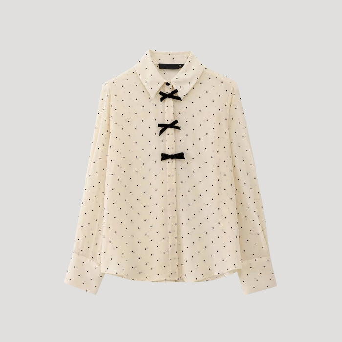 MEELANO Damebluse Med Polkaprikker Og Butterfly Langærmet Chiffonskjorte Beige