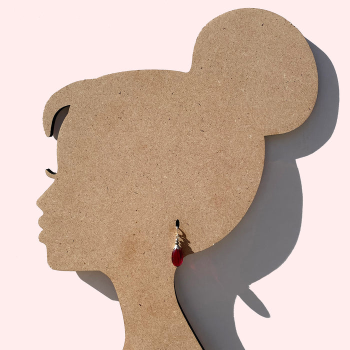 Dark pink German glass drop earrings featuring seedpod design from Owen Glass Collection, showcasing elegant handcrafted jewelry.
