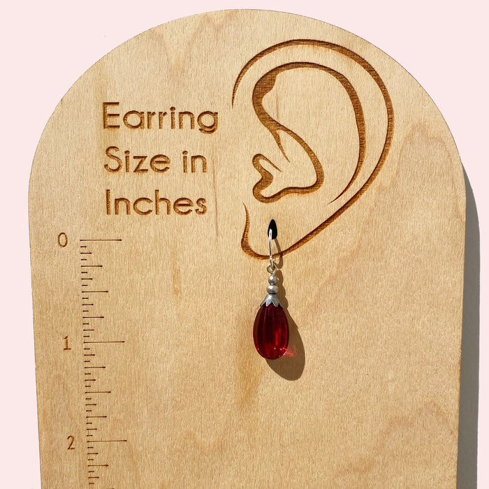 Dark pink German glass drop earrings with seedpod design from Owen Glass Collection, featuring elegant, handcrafted jewelry.