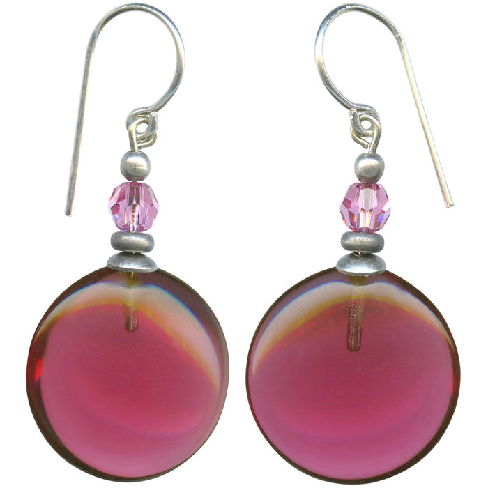 Dark pink glass and crystal dangle earrings from Owen Glass Collection with window-inspired design and elegant hanging style.