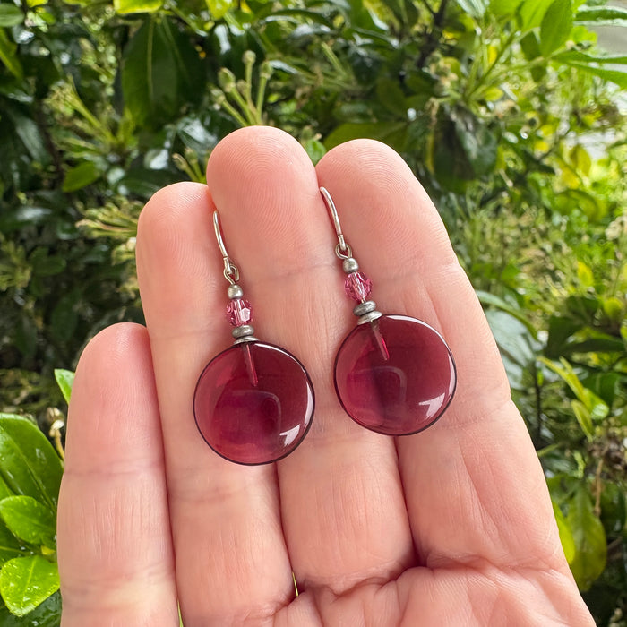 Dark pink glass and crystal dangle earrings from Owen Glass Collection featuring elegant window-inspired design.