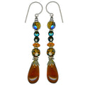 Owen Glass Collection "499" dark topaz glass and crystal earrings featuring elegant dangling design with sparkling stones.