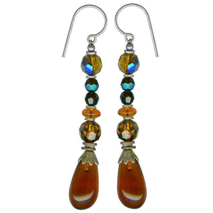 Owen Glass Collection "499" dark topaz glass and crystal earrings featuring elegant dangling design with sparkling stones.