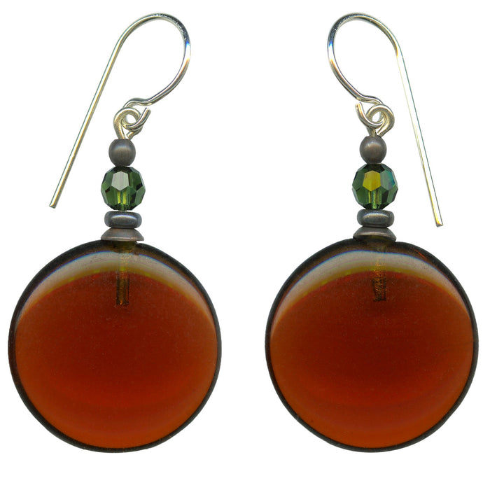 Dark Topaz glass earrings with green crystal accents and bronze "Windows 8" design from Owen Glass Collection.