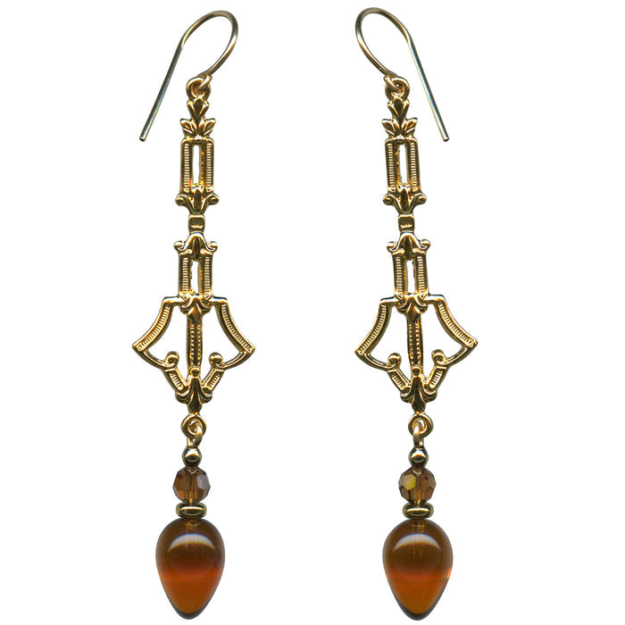 Dark topaz glass and gold filigree earrings from Owen Glass Collection featuring intricate plum-colored design.