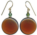 Dark topaz and green crystal earrings with gold trim from Owen Glass Collection, featuring a stylish window design.
