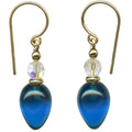 Dark turquoise glass, iridescent crystal, and gold dangle earrings from Owen Glass Collection featuring plum-shaped design.