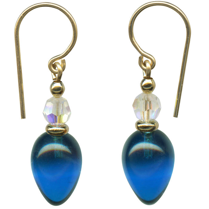 Dark turquoise glass, iridescent crystal, and gold dangle earrings from Owen Glass Collection featuring plum-shaped design.