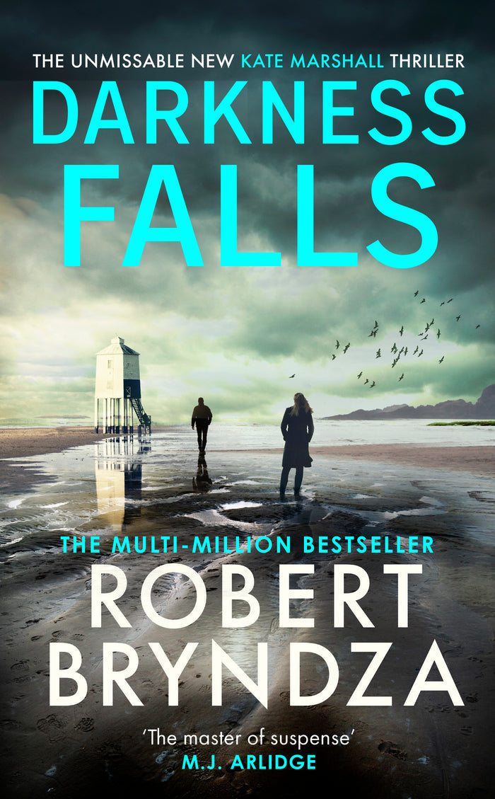 Book cover of 'Darkness Falls' by Robert Bryndza with a silhouette of two people on a beach.