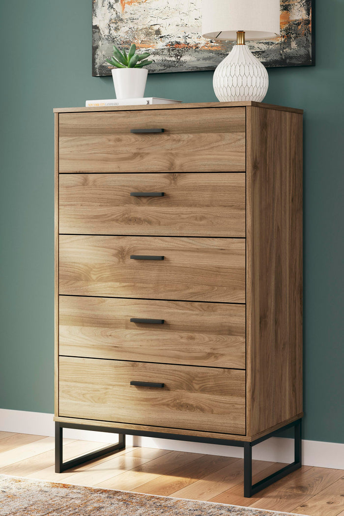 Deanlow Honey Five Drawer Chest - Brand New