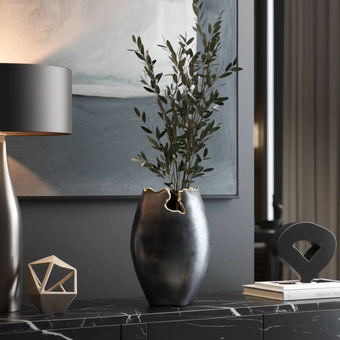Decorative Vase - Black Metal Organic Edge Chipped, 14 in.