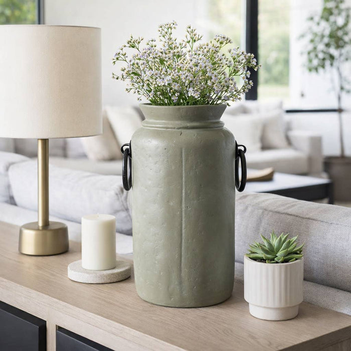 Decorative Vase - Green/Black Ceramic Metal Handles, 16 in.