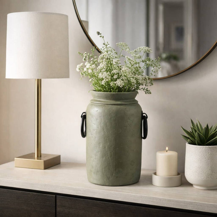 Decorative Vase - Green/Black Ceramic Metal Handles, 16 in.