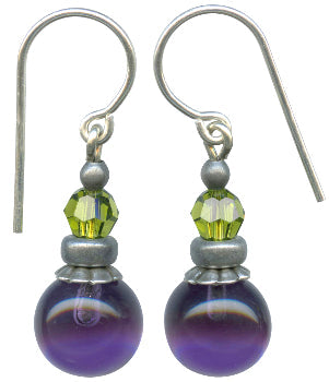 Deep amethyst glass and olivine crystal drop earrings with bubble design from Owen Glass Collection, featuring elegant jewelry craftsmanship.