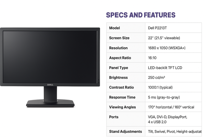 Dell P2213T GRADE A 22" Landscape Black and Silver/Grey  LCD Monitor Renewed