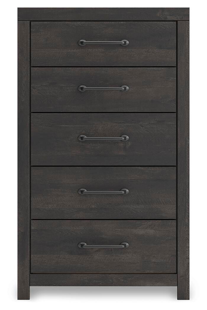 Delmorta Dark Gray Five Drawer Chest - Brand New