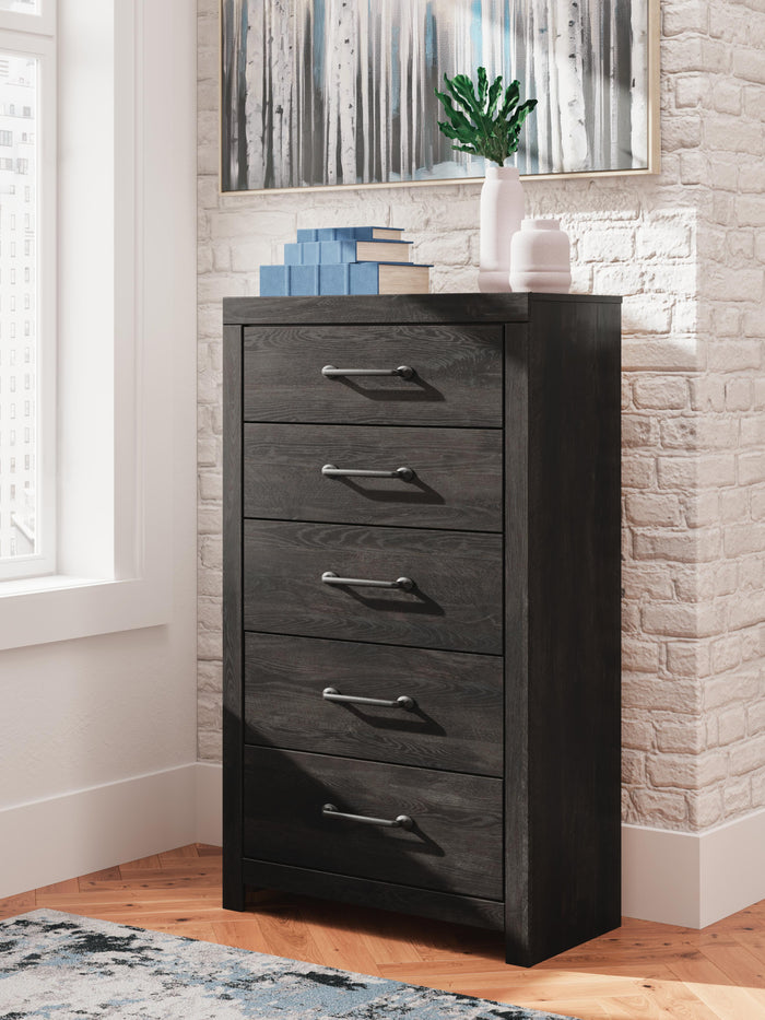 Delmorta Dark Gray Five Drawer Chest - Brand New