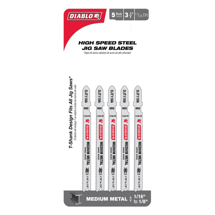Diablo 3-5/8 in. 17/24 TPI High Speed Steel T-Shank Jig Saw Blades for Medium Metal (5pk)