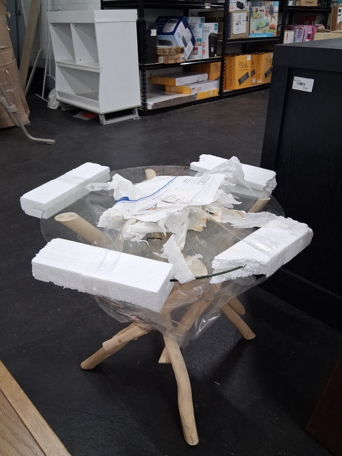 Driftwood  Wood Handmade Side End Accent Table Tree Branch End Table with Clear Glass Top - Brand New