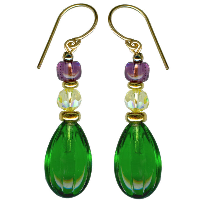 Emerald green glass and gold earrings from Owen Glass Collection featuring a stylish, elegant design with shiny finish.