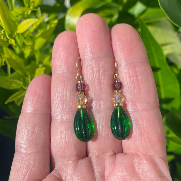 Emerald green glass and gold earrings from Owen Glass Collection featuring elegant, handcrafted jewelry design.