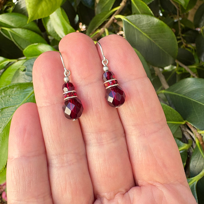 Owen Glass Collection Flash 15 garnet Czech glass and Austrian crystal earrings with red rhinestones, elegant jewelry for women.
