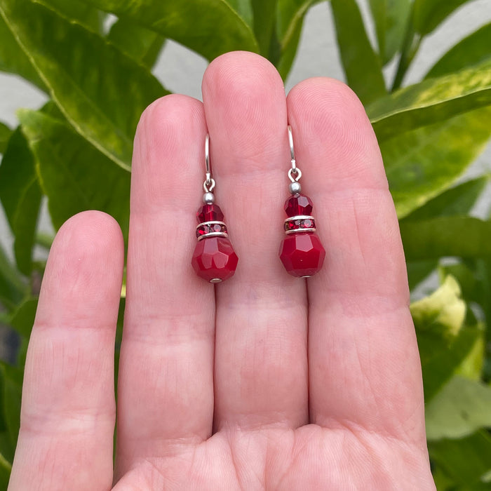 Red Czech glass and Austrian crystal earrings with rhinestones from Owen Glass Collection, 16-inch length, elegant jewelry accessory.