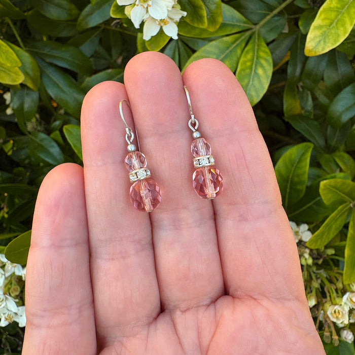 Owen Glass Collection Flash 19-inch peach Czech glass earrings with rhinestones, featuring elegant drop design and sparkling accents.