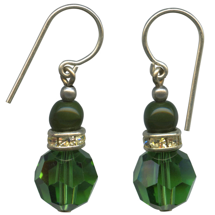 Green Czech glass and Austrian crystal earrings with rhinestones from Owen Glass Collection featuring Flash 21 design.