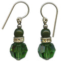 Green Czech glass and Austrian crystal earrings with rhinestones from Owen Glass Collection featuring Flash 21 design.
