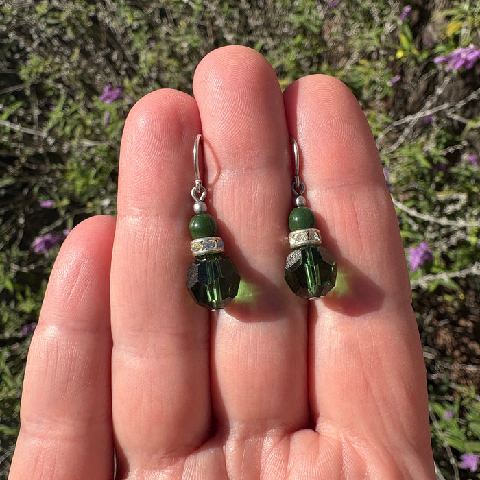 Green Czech glass and Austrian crystal earrings with rhinestones from Owen Glass Collection, featuring elegant, sparkling jewelry design.