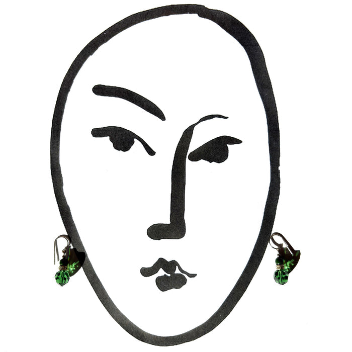 Green Czech glass and Austrian crystal earrings with rhinestones from Owen Glass Collection featuring Flash 21 design.