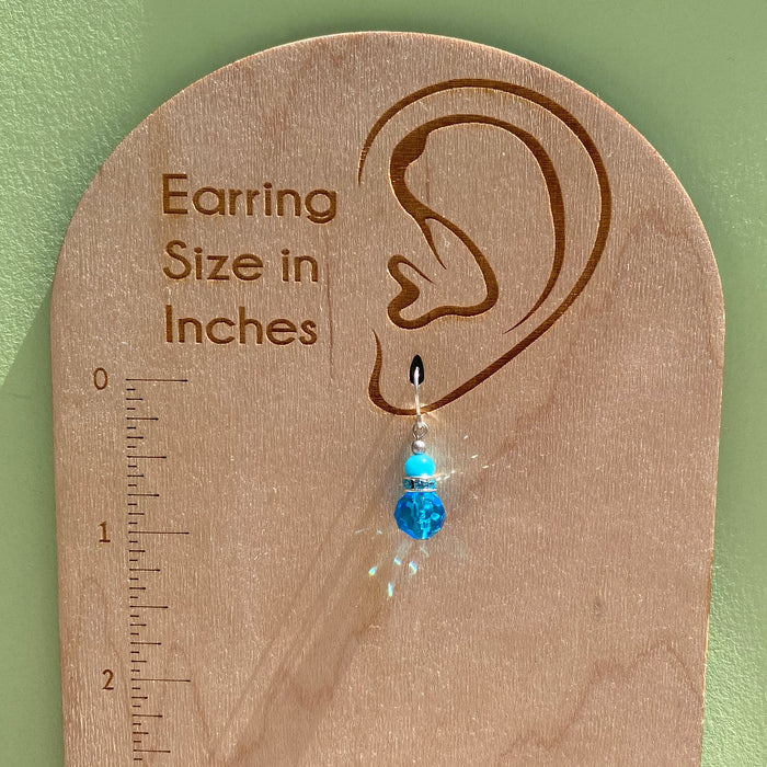Turquoise Czech glass and Austrian crystal earrings with aqua rhinestones from Owen Glass Collection, featuring sparkling, intricate design.