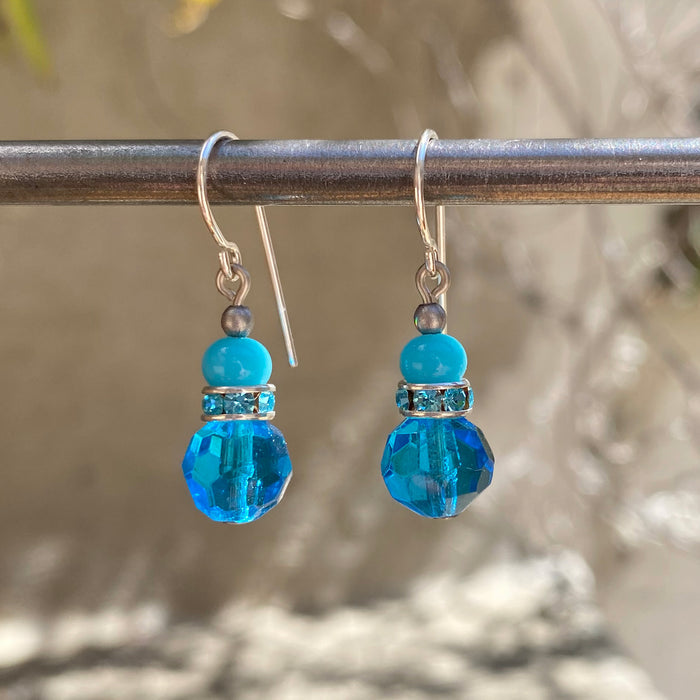 Turquoise Czech glass and Austrian crystal earrings with aqua rhinestones from Owen Glass Collection, featuring elegant dangle design.