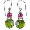 Owen Glass Collection Flash 36" Olivine Green and Fuchsia Austrian crystal earrings with rhinestones, showcasing vibrant colors and sparkling details.