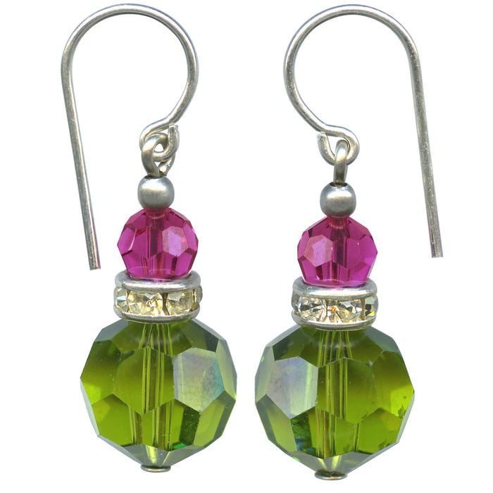 Owen Glass Collection Flash 36" Olivine Green and Fuchsia Austrian crystal earrings with rhinestones, showcasing vibrant colors and sparkling details.