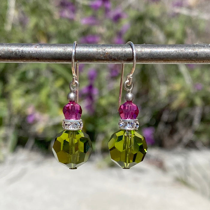 Owen Glass Collection Flash 36-inch olivine green and fuchsia Austrian crystal earrings with rhinestones, hanging jewelry with vibrant colors.