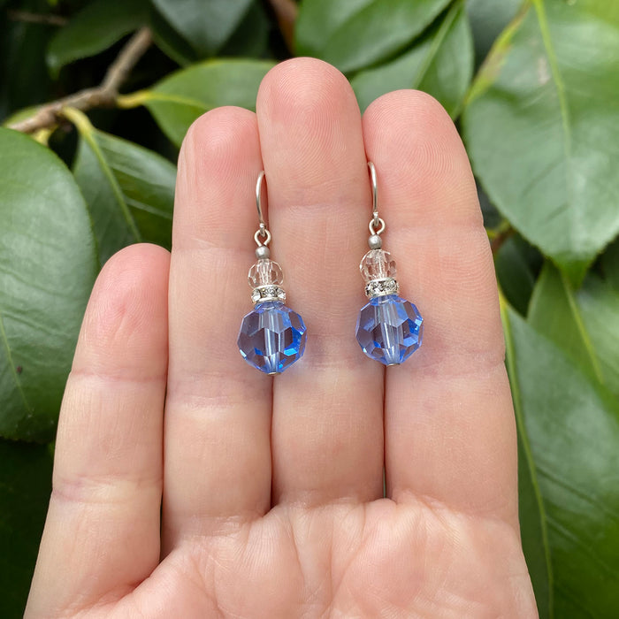 Owen Glass Collection Flash 37 light sapphire Austrian crystal and Czech glass earrings with rhinestones, showcasing elegant jewelry design.