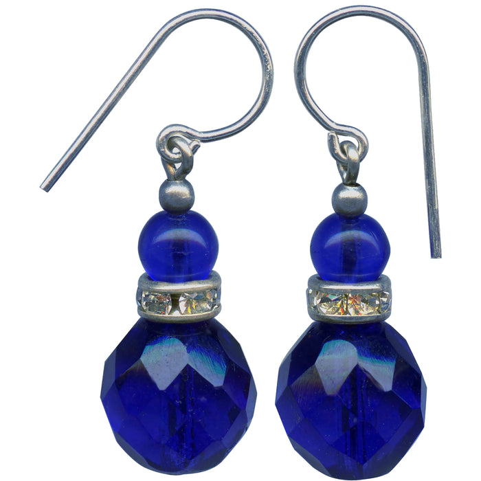 Cobalt Czech glass earrings with rhinestones from Owen Glass Collection, featuring elegant, shiny jewelry design.