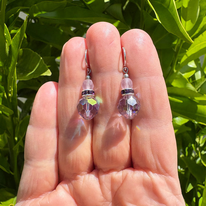 Iridescent light amethyst earrings with Austrian crystals and Czech glass from Owen Glass Collection, featuring sparkling, colorful gemstone details.