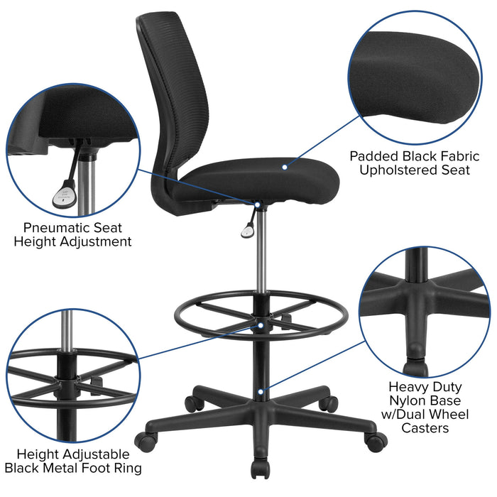 Flash Furniture Harper Ergonomic Mid-Back Mesh Drafting Chair with Black Fabric Seat and Adjustable Foot Ring - Brand New