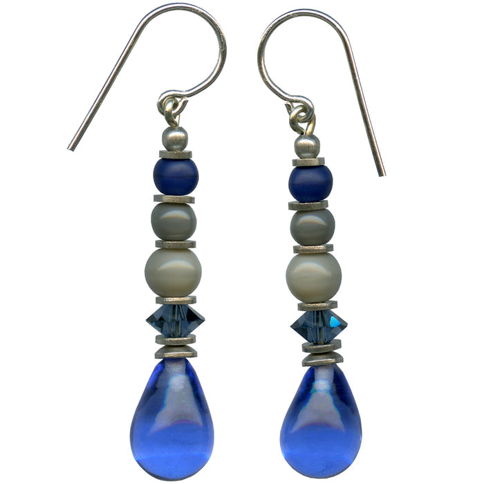 Owen Glass Collection Flora 9 sapphire Czech glass earrings featuring elegant blue gemstone design with silver hooks.