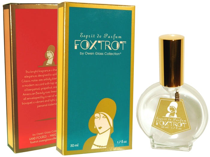 Owen Glass Collection FOXTROT fragrance bottle with citrus and floral notes, elegant design, and sleek packaging.