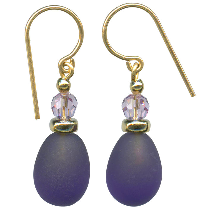 Frosted amethyst glass and crystal drop earrings from Owen Glass Collection featuring elegant teardrop design.
