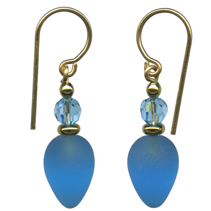 Frosted aqua glass and gold earrings from Owen Glass Collection, featuring elegant plums 78 design.