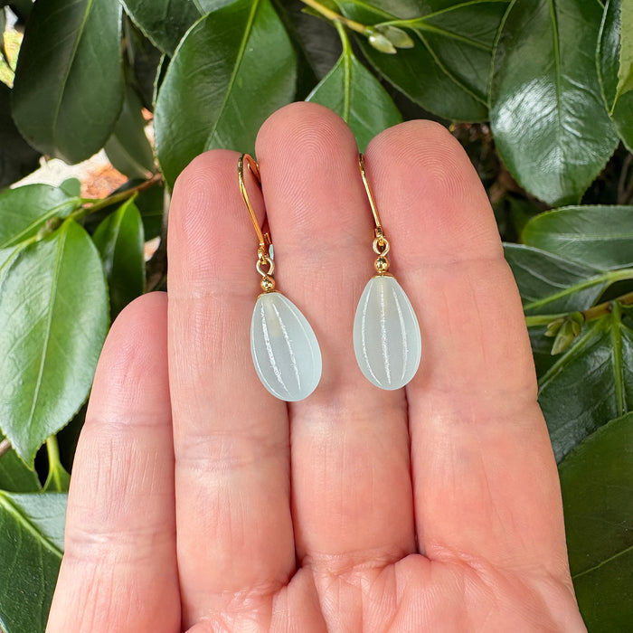 Frosted aqua glass and gold earrings with seedpod design from Owen Glass Collection, showcasing elegant, handcrafted jewelry.